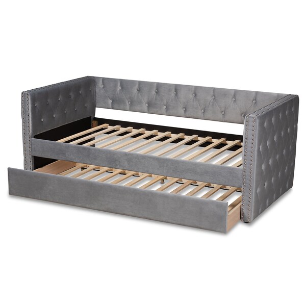 Baxton Studio Larkin Modern and Contemporary Grey Velvet Fabric Twin Size Daybed with Trundle - 187-11460-ZORO