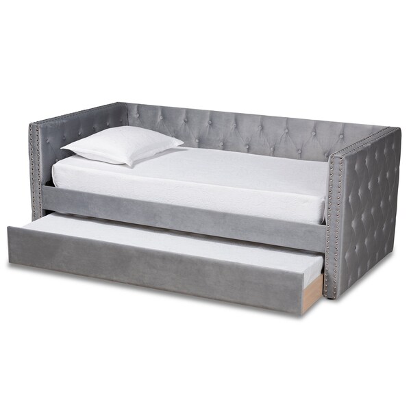 Baxton Studio Larkin Modern and Contemporary Grey Velvet Fabric Twin Size Daybed with Trundle - 187-11460-ZORO