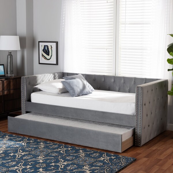 Baxton Studio Larkin Modern and Contemporary Grey Velvet Fabric Twin Size Daybed with Trundle - 187-11460-ZORO