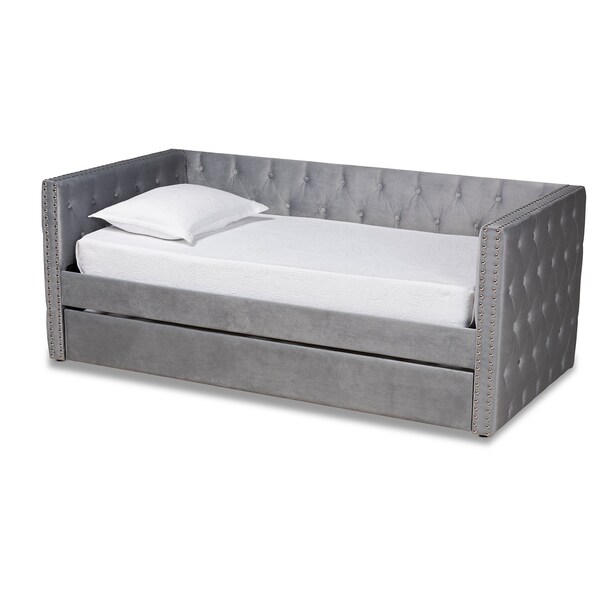 Baxton Studio Larkin Modern and Contemporary Grey Velvet Fabric Twin Size Daybed with Trundle - 187-11460-ZORO