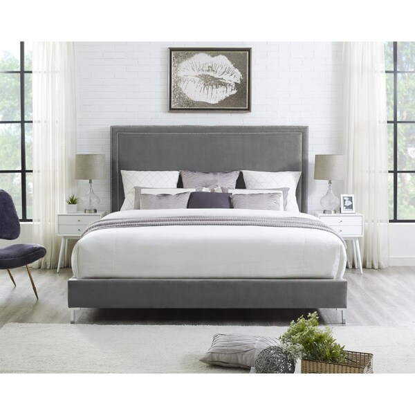 Posh Living Tristan Velvet Nailhead Trim Platform Bed King Size - Grey - BD34-02GRK-UE