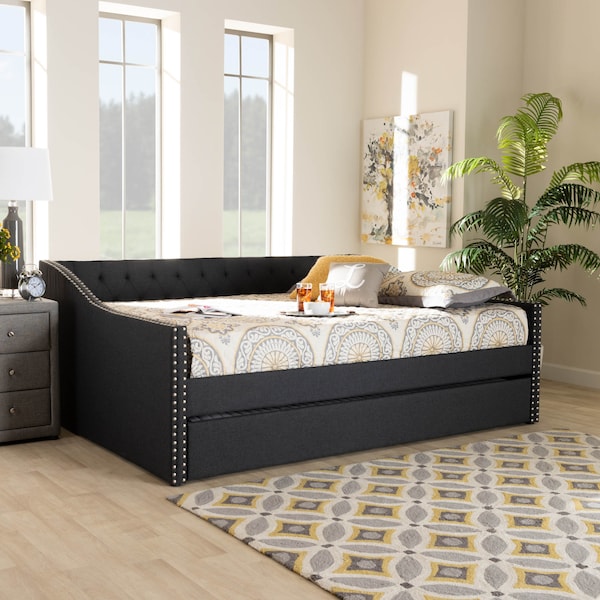 Baxton Studio Haylie Dark Grey Full Size Daybed with Roll-Out Trundle Bed - 158-9675