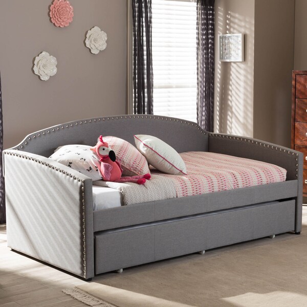 Baxton Studio Lanny Grey Arched Back Sofa Twin Daybed with Roll-Out Trundle Bed - 125-6841