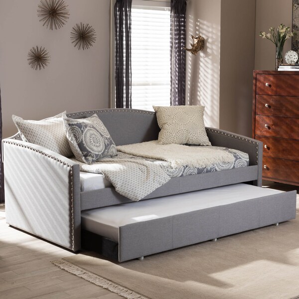 Baxton Studio Lanny Grey Arched Back Sofa Twin Daybed with Roll-Out Trundle Bed - 125-6841