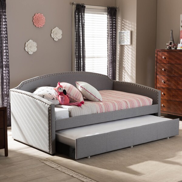 Baxton Studio Lanny Grey Arched Back Sofa Twin Daybed with Roll-Out Trundle Bed - 125-6841