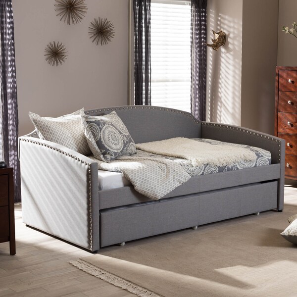 Baxton Studio Lanny Grey Arched Back Sofa Twin Daybed with Roll-Out Trundle Bed - 125-6841