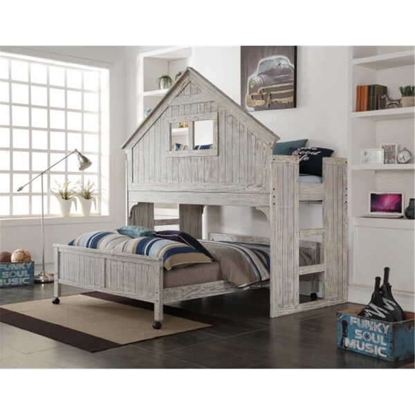 Fixturesfirst PD-007D-008FD Club House Low Loft with Full Size Caster Bed in Brushed Driftwood - FI2484089