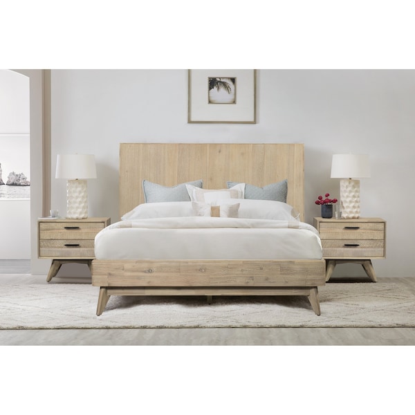 Armen Living Baly 3 Piece Acacia Queen Platform Bed and Nightstands Bedroom Set - SETLFBDGRQN3A