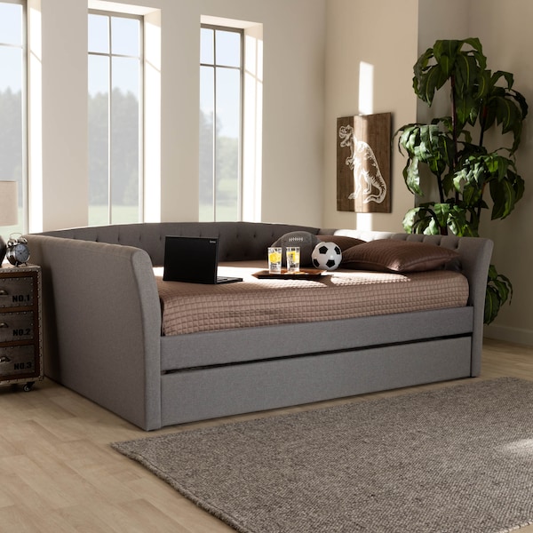 Baxton Studio Delora Light Grey Queen Size Daybed with Roll-Out Trundle Bed - 158-9665