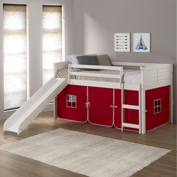 Kd Gabinetes PD-790ATW-R-785W Twin Size Louver Low Loft with Slide & Red Tent in White - KD3175083