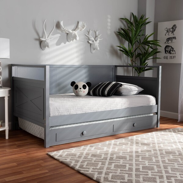 Baxton Studio Cintia Grey Finished Wood Twin Size Daybed with Trundle - 158-9643-9657
