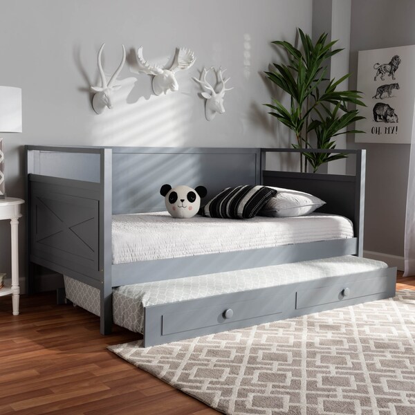 Baxton Studio Cintia Grey Finished Wood Twin Size Daybed with Trundle - 158-9643-9657