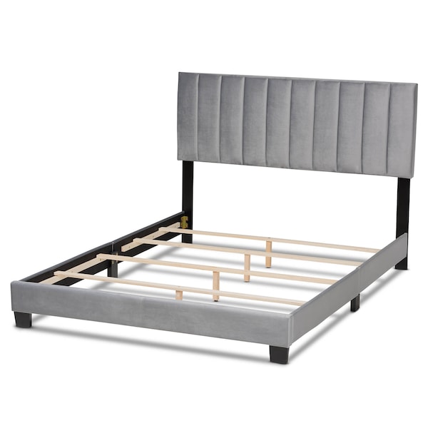 Baxton Studio Clare Grey Velvet Full Size Panel Bed with Channel Tufted Headboard - 163-10501