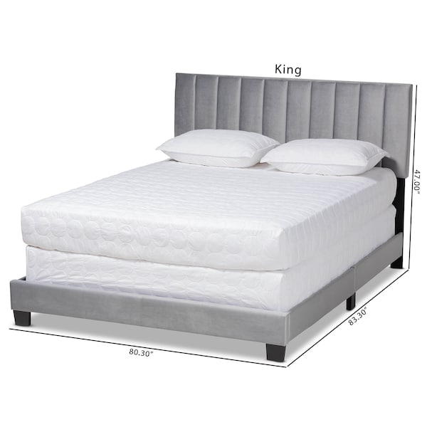 Baxton Studio Clare Grey Velvet Full Size Panel Bed with Channel Tufted Headboard - 163-10501