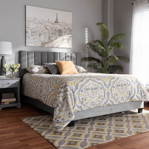 Baxton Studio Clare Grey Velvet Full Size Panel Bed with Channel Tufted Headboard - 163-10501