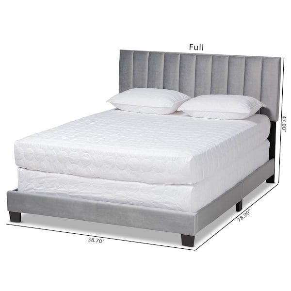 Baxton Studio Clare Grey Velvet Full Size Panel Bed with Channel Tufted Headboard - 163-10501