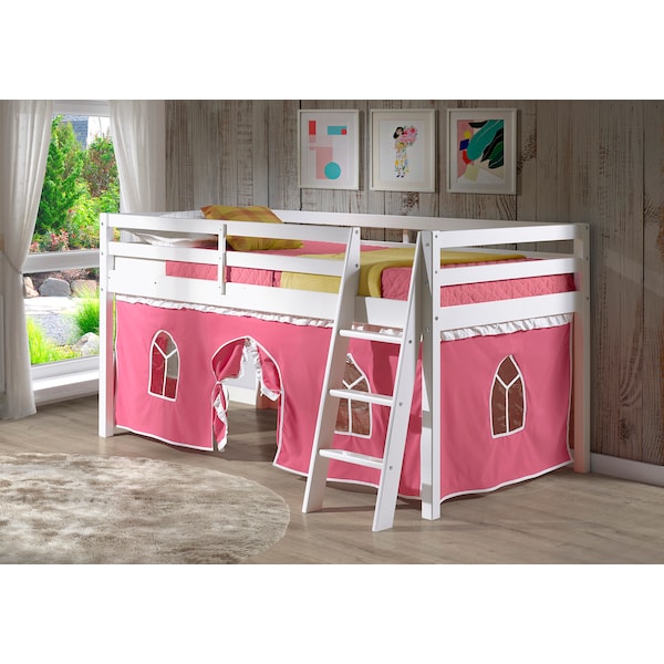 Alaterre Furniture Roxy Twin Wood Junior Loft Bed with White with Pink and White Tent - AJRX10WHATPWH