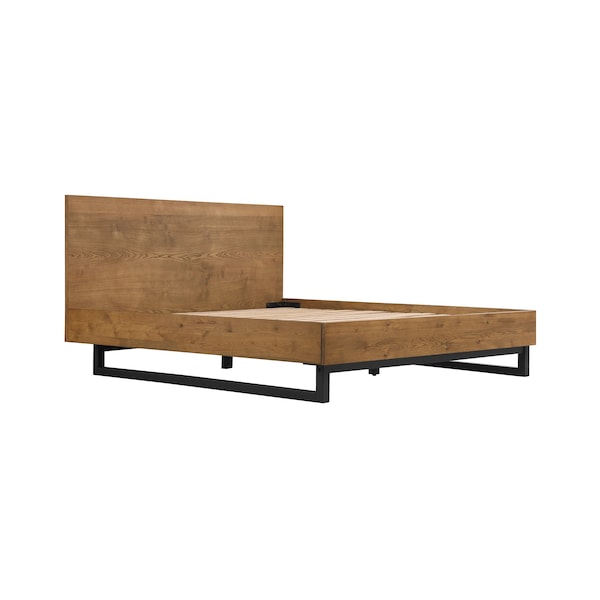 Armen Living Aldo Queen Size Brown Oak Wood Platform Bed Frame with Black Metal Legs - LCAOBDBRQN