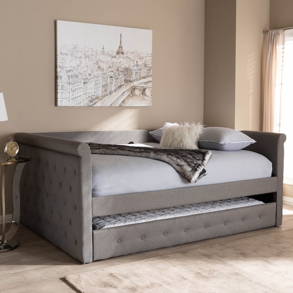 Baxton Studio Alena Grey Upholstered Queen Size Daybed with Trundle - 147-8728
