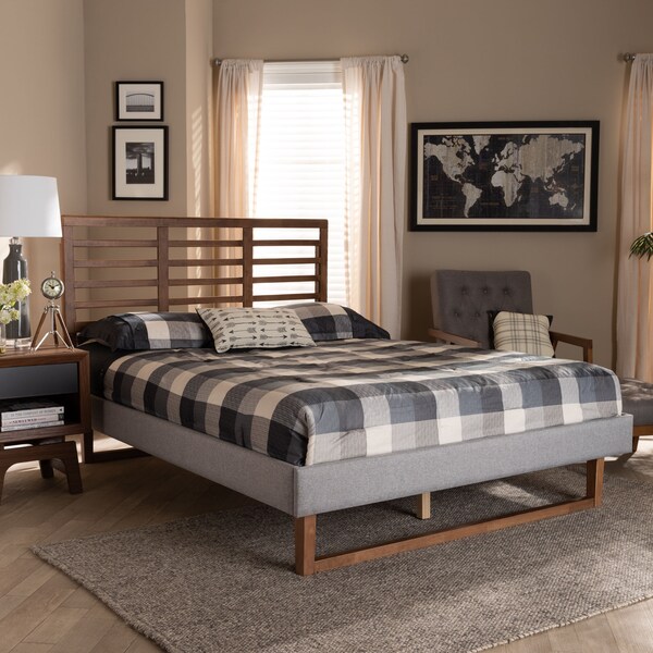 Baxton Studio Luciana Grey Upholstered and Ash Walnut Wood Full Size Platform Bed - 164-9416-9422