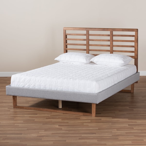 Baxton Studio Luciana Grey Upholstered and Ash Walnut Wood Full Size Platform Bed - 164-9416-9422