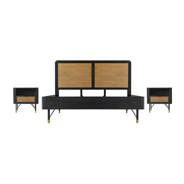 Armen Living Saratoga 3 Piece King Bedroom Set in Black Acacia Wood and Rattan - SETSRBDKG3A