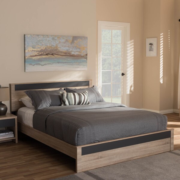Baxton Studio Jamie Modern Two-Tone Oak and Grey Wood Queen Size Platform Bed - 138-7709