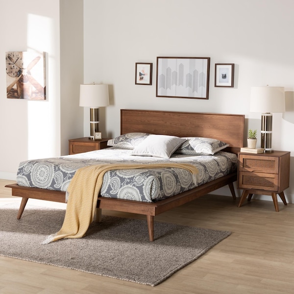 Baxton Studio Melora Mid-Century Modern Walnut Brown Finished Wood and Rattan Queen Size 3-Piece Bedroom Set - 241-9802-9803-11298-ZORO