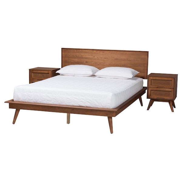 Baxton Studio Melora Mid-Century Modern Walnut Brown Finished Wood and Rattan Queen Size 3-Piece Bedroom Set - 241-9802-9803-11298-ZORO