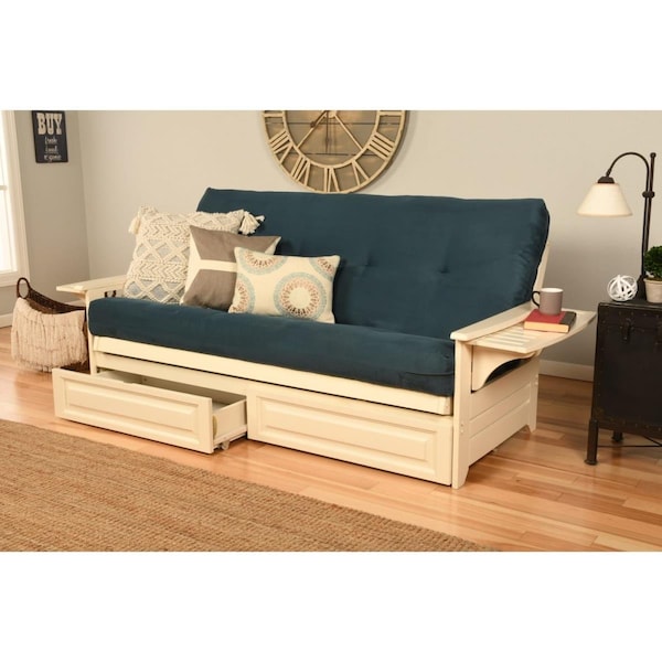 Templeton Phoenix Antique White Futon Frame with Suede Navy Mattress & Storage Drawers - Full Size - TE2597765