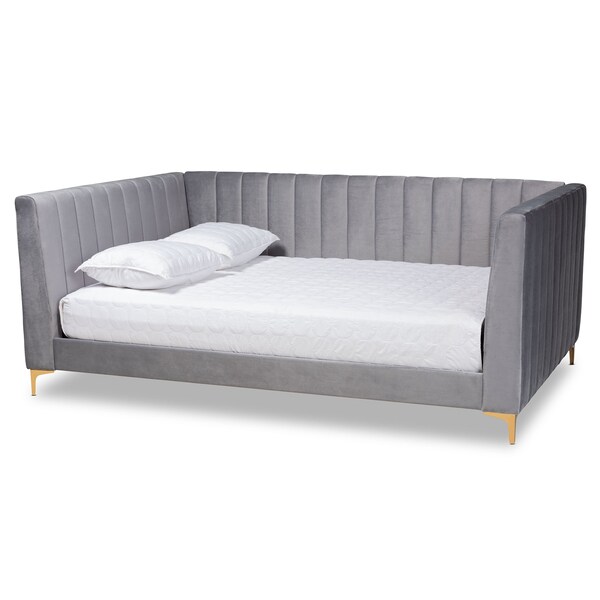 Baxton Studio Oksana Modern Glam and Luxe Light Grey Velvet Fabric and Gold Finished Queen Size Daybed - 174-10983-ZORO