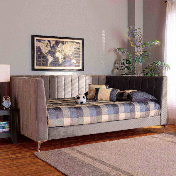 Baxton Studio Oksana Modern Glam and Luxe Light Grey Velvet Fabric and Gold Finished Queen Size Daybed - 174-10983-ZORO