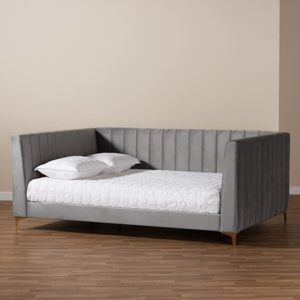 Baxton Studio Oksana Modern Glam and Luxe Light Grey Velvet Fabric and Gold Finished Queen Size Daybed - 174-10983-ZORO