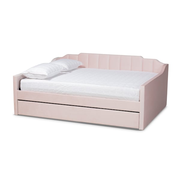 Baxton Studio Lennon Modern and Contemporary Pink Velvet Fabric Full Size Daybed with Trundle - 186-11473-ZORO