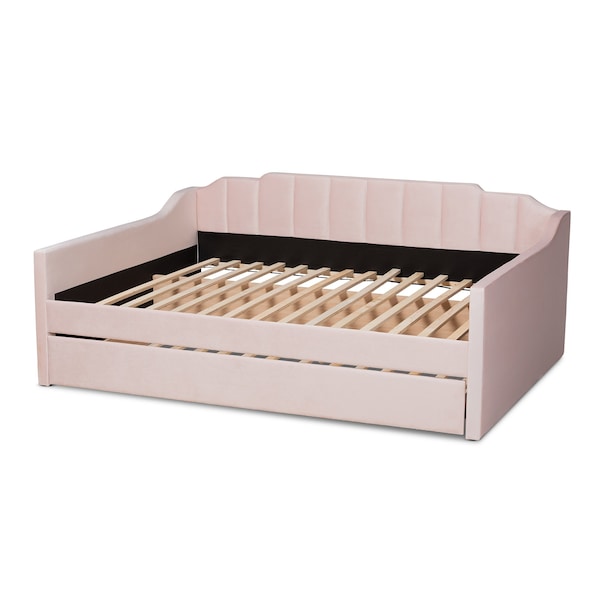 Baxton Studio Lennon Modern and Contemporary Pink Velvet Fabric Full Size Daybed with Trundle - 186-11473-ZORO