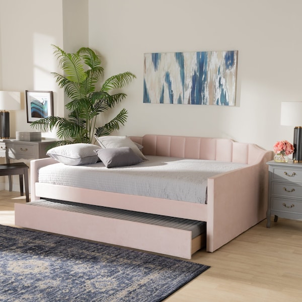 Baxton Studio Lennon Modern and Contemporary Pink Velvet Fabric Full Size Daybed with Trundle - 186-11473-ZORO