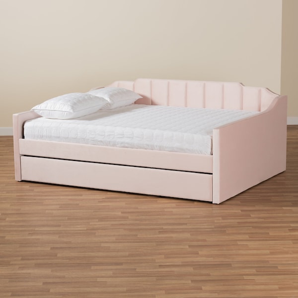 Baxton Studio Lennon Modern and Contemporary Pink Velvet Fabric Full Size Daybed with Trundle - 186-11473-ZORO