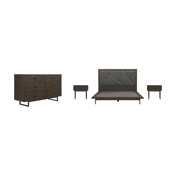 Armen Living Marquis 4 Piece Queen Size Platform Bed Frame Bedroom Set in Oak Wood with Faux Leather Headboard - SETMUBDGRQN4A