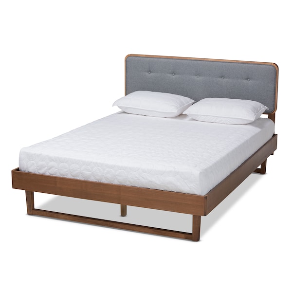 Baxton Studio Natalia Dark Grey Upholstered and Walnut Wood Full Size Platform Bed - 167-9410-9437