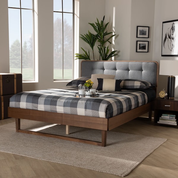 Baxton Studio Natalia Dark Grey Upholstered and Walnut Wood Full Size Platform Bed - 167-9410-9437