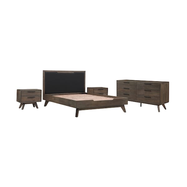 Armen Living Astoria 4 Piece Queen Bedroom Set in Oak with Black Faux Leather - SETAHBDQN4A