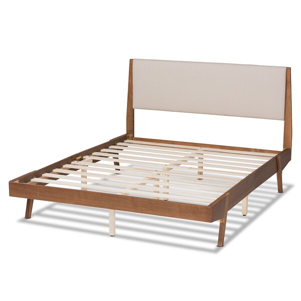 Baxton Studio Senna Mid-Century Beige Fabric Upholstered and Walnut Brown Finished Wood Platform Bed-Full - 197-11603-ZORO