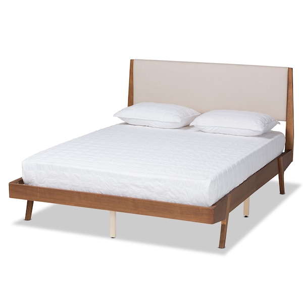 Baxton Studio Senna Mid-Century Beige Fabric Upholstered and Walnut Brown Finished Wood Platform Bed-Full - 197-11603-ZORO