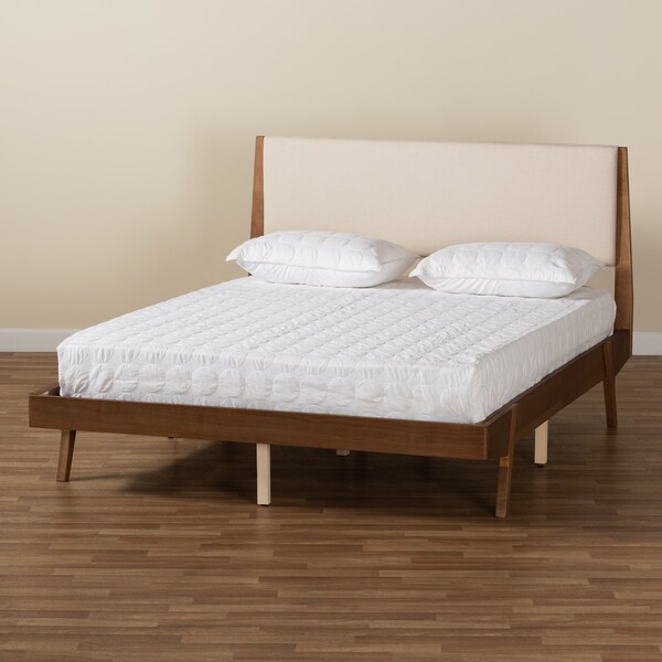 Baxton Studio Senna Mid-Century Beige Fabric Upholstered and Walnut Brown Finished Wood Platform Bed-Full - 197-11603-ZORO