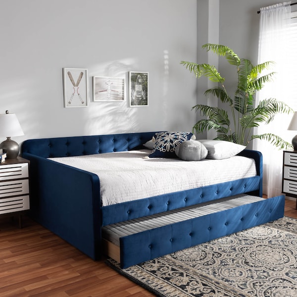 Baxton Studio Jona Blue Velvet and Button Tufted Full Size Daybed with Trundle - 169-10846