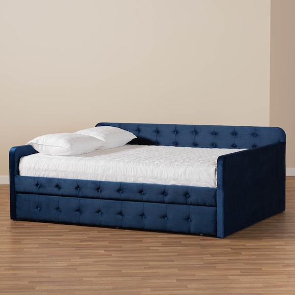 Baxton Studio Jona Blue Velvet and Button Tufted Full Size Daybed with Trundle - 169-10846