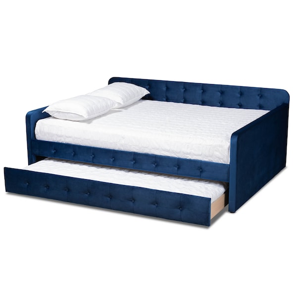Baxton Studio Jona Blue Velvet and Button Tufted Full Size Daybed with Trundle - 169-10846