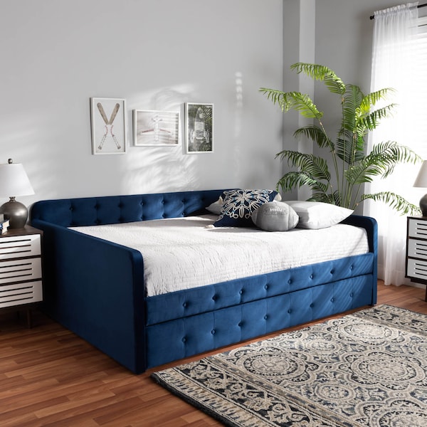 Baxton Studio Jona Blue Velvet and Button Tufted Full Size Daybed with Trundle - 169-10846