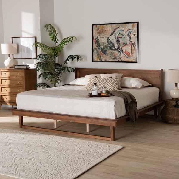 Baxton Studio Macayle Mid-Century Modern Ash Walnut Finished Wood Queen Size Platform Bed - 227-12429-ZORO