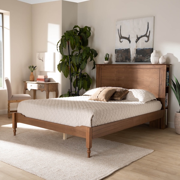 Baxton Studio Danielle Wood King Size Platform Storage Bed with Built-In Shelves - 164-10664